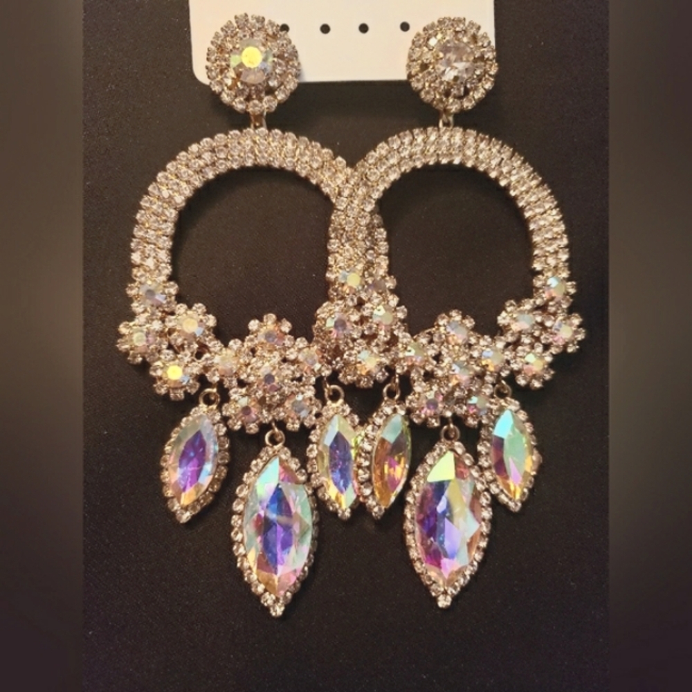 Rhinestone Chandelier Gorgeous Earrings Clear & Pink Multi Color Stones. 4 1/2"